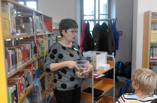 Frau Riedel verteilt am Ende der Büchereirallye Preise an alle